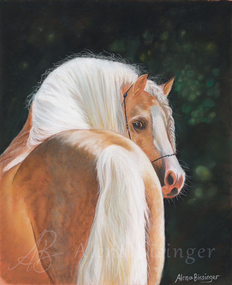 A painting of a palomino horse with a white mane, turned to the side, with a dark green blurred background.
