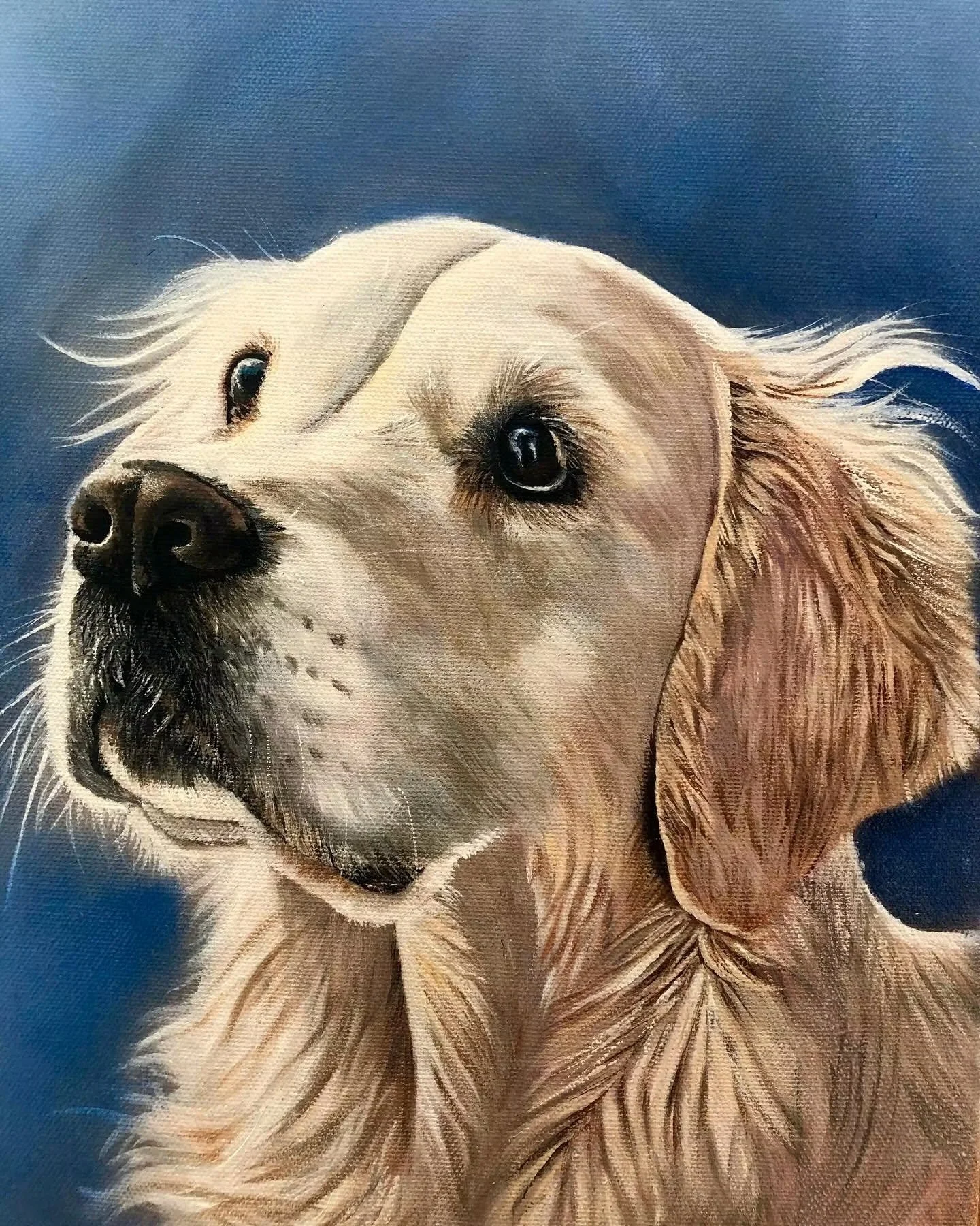 Painting of a golden retriever dog with long ears and expressive eyes, set against a dark blue background.
