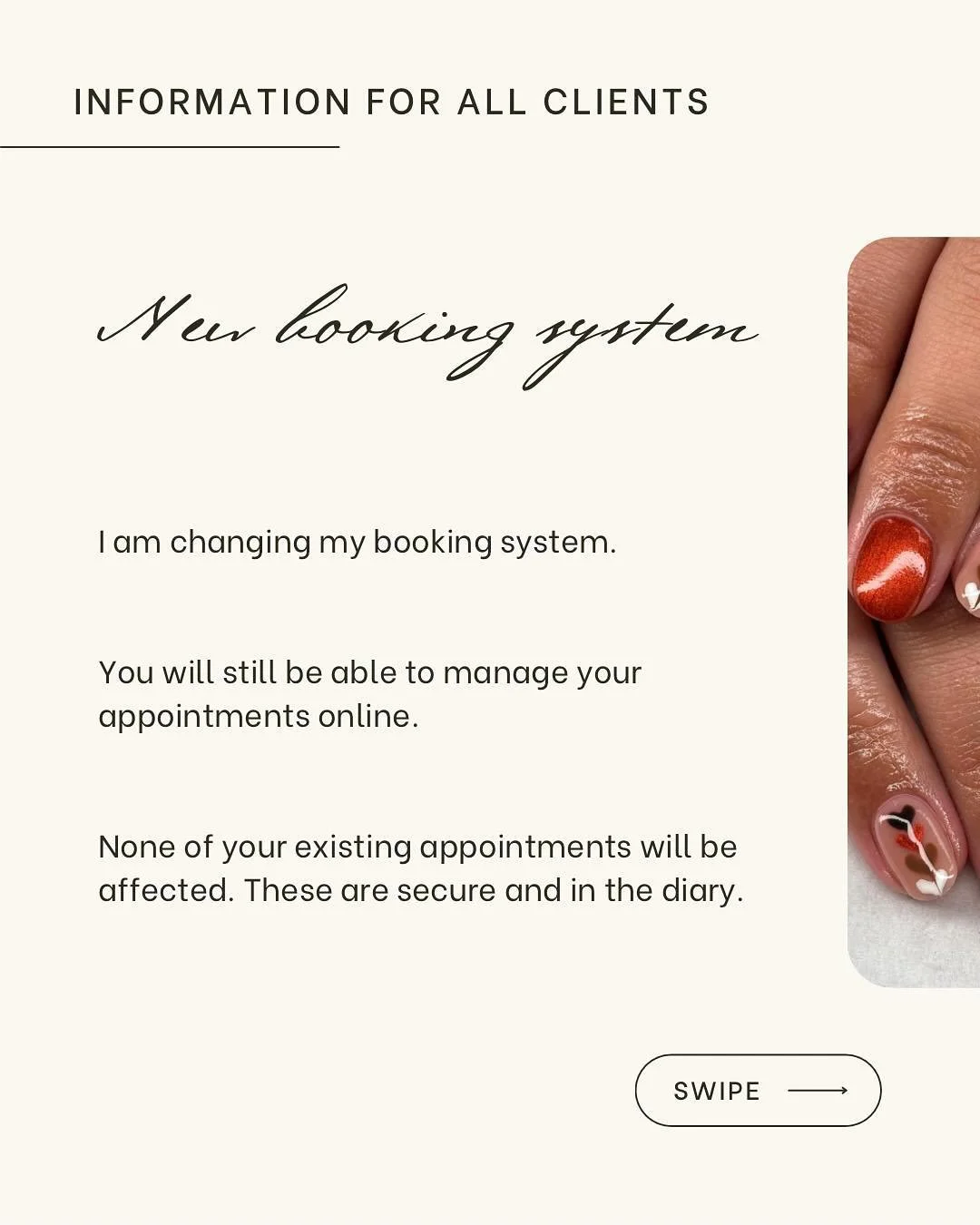 An important message for all my clients..

Please swipe through the slides above for information regarding my Fresha booking system and a change over to a new system. 

If you have any concerns or questions please do not hesitate to contact me.