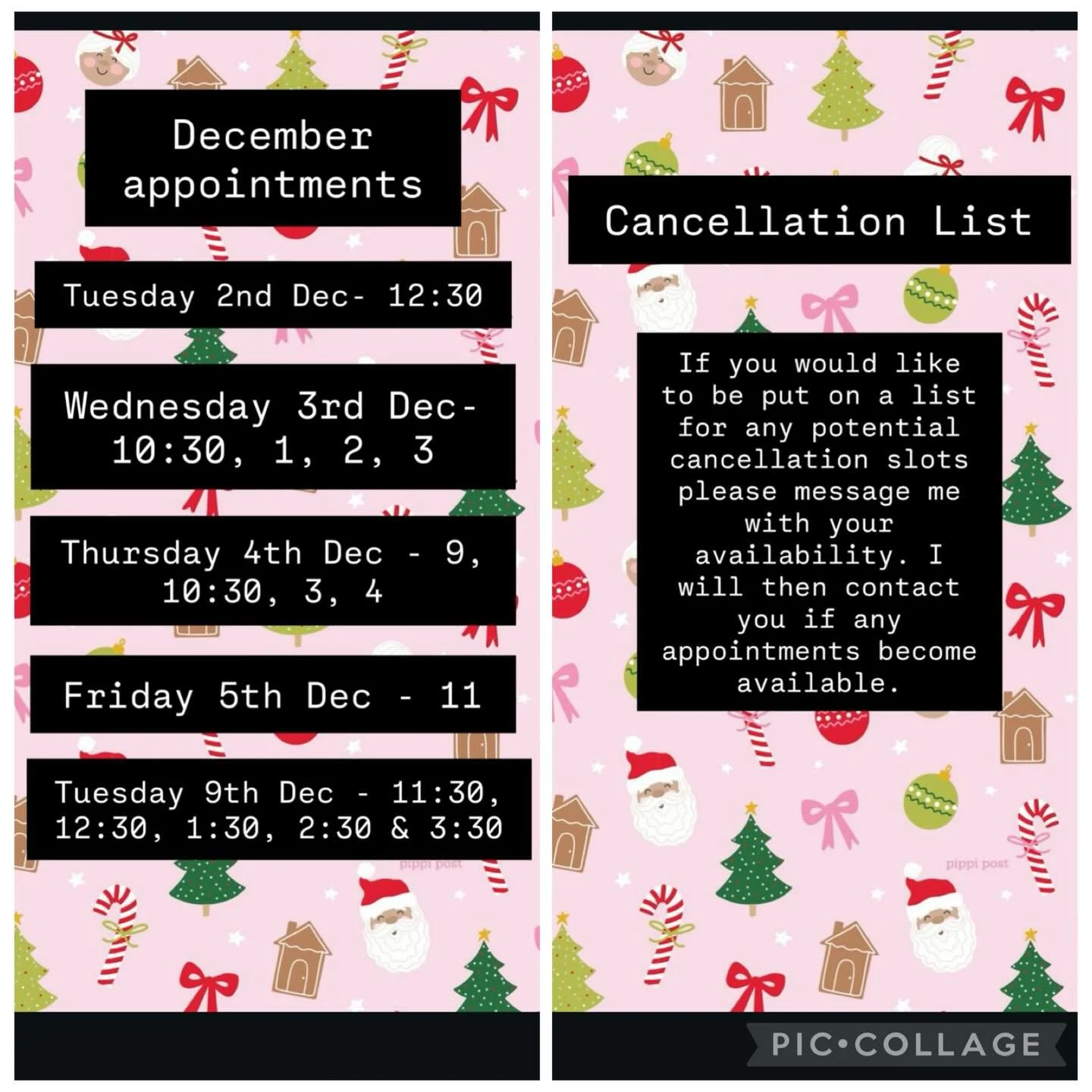 🎄🎄CHRISTMAS APPOINTMENTS 🎄🎄
Hopefully most of you have your Christmas appointments booked in.. for those of you who haven&rsquo;t this is my only availability for the whole of December. If you&rsquo;d like to be put on the cancellation list then 