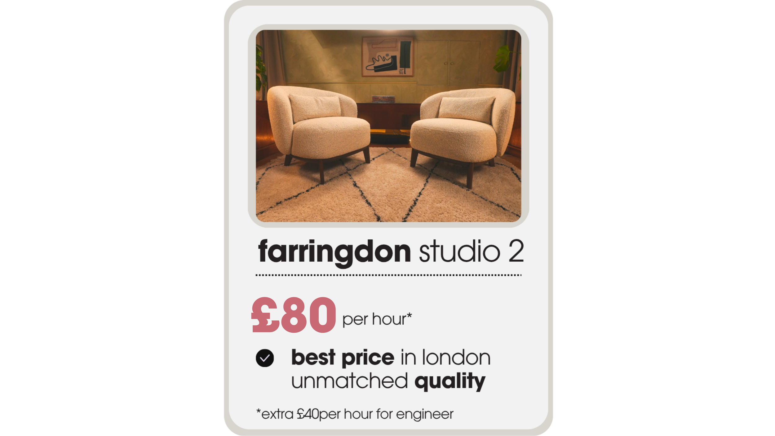 Advertisement for Farringdon Studio 2 offering a photography session with a sitting fee of £80 per hour, with a picture of two beige armchairs in a stylish room.