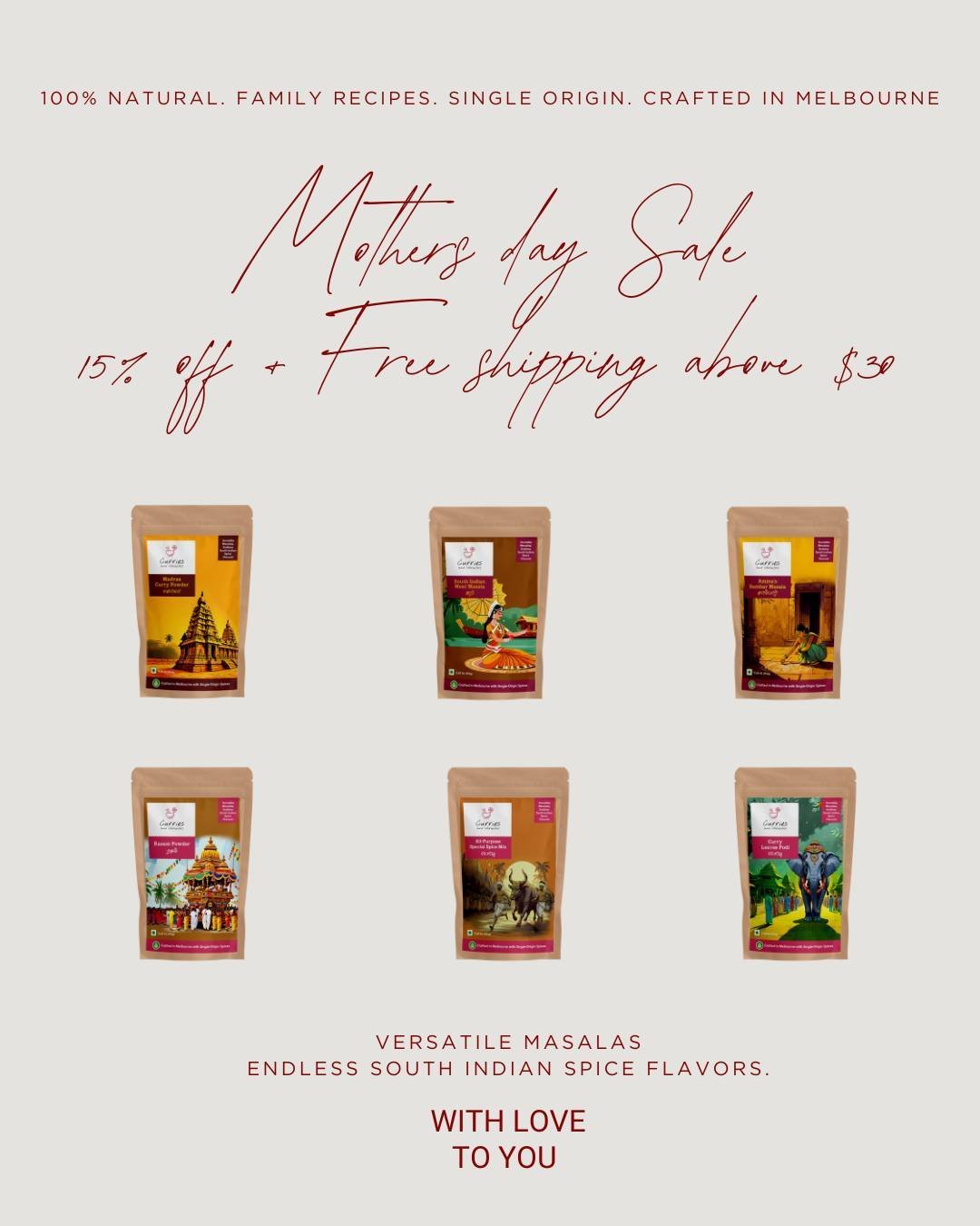 🌸 Mother&rsquo;s Day Sale 🌸

Up to 15% OFF storewide

FREE Shipping on orders over $30
Use code: CURRIES at checkout

[Curries and Varuvals, Natural Spice Blends, South Indian Cuisine, Authentic Spice Blends, South Indian Spice Blends, Single Origi
