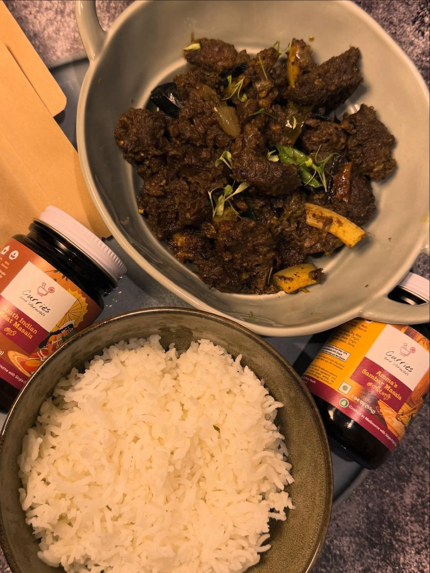 Kerala Style Dry Roast with Cocunut slices and Loaded curry leaves. 

Made with Amma&rsquo;s Sambar Powder and South Indian Meat Masala from Curries and Varuvals. 

Be the South Indian Chef in your kitchen. DM or comment for the recipe.