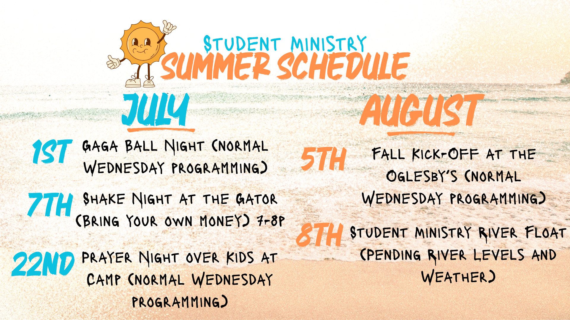 Student Ministry Summer Schedule