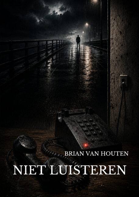 Een eenzame persoon wandelt op een regenachtige brug 's nachts, met een donkere lucht en flikkerende straatverlichting. Op de voorgrond ligt een ouderwetse telefoon en een antwoordapparaat met de titel en naam van de auteur.