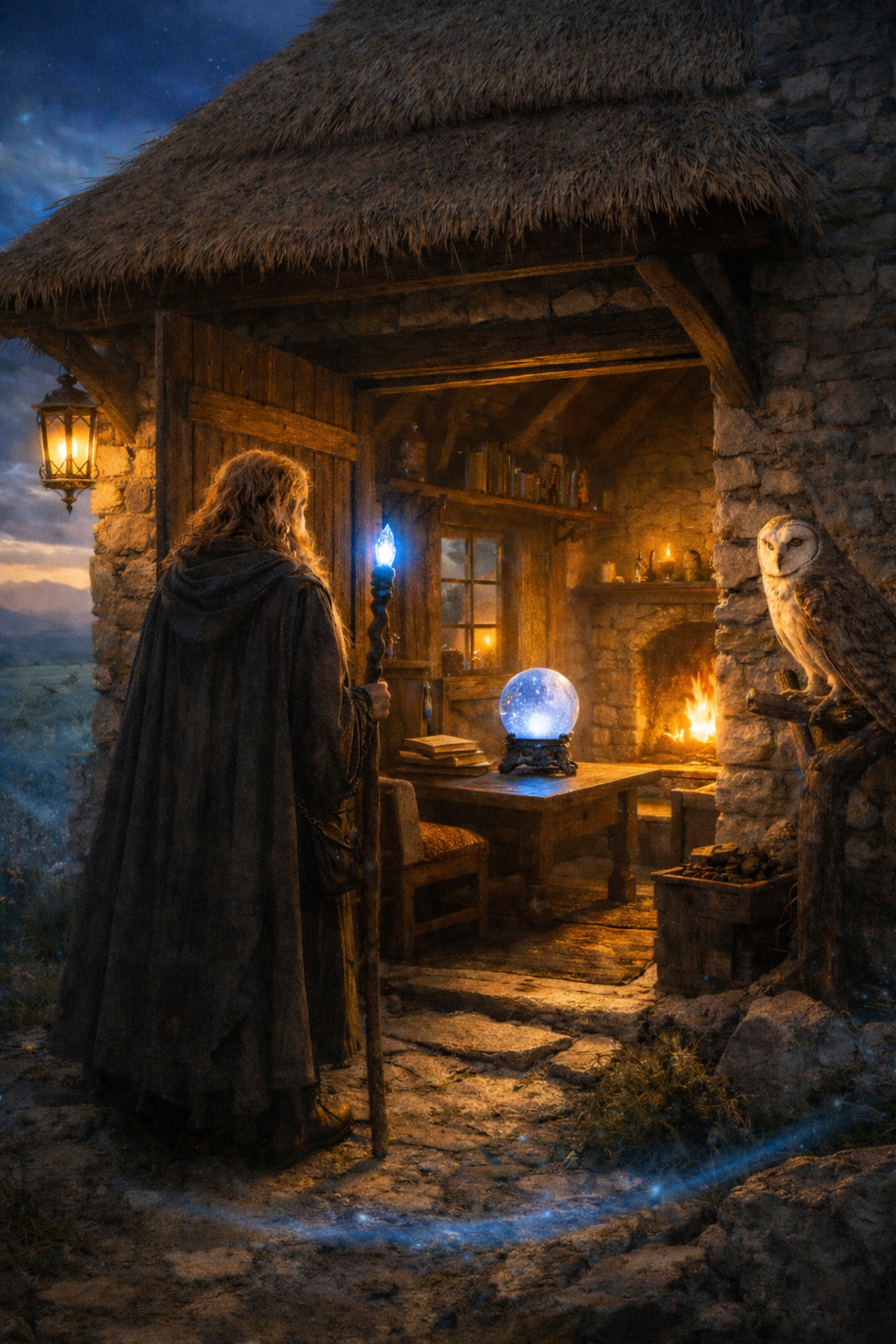 Een man met een toverstaf in een middeleeuwse hut die naar een bol met sterren kijkt, omringd door een open haard, boeken en een uil.