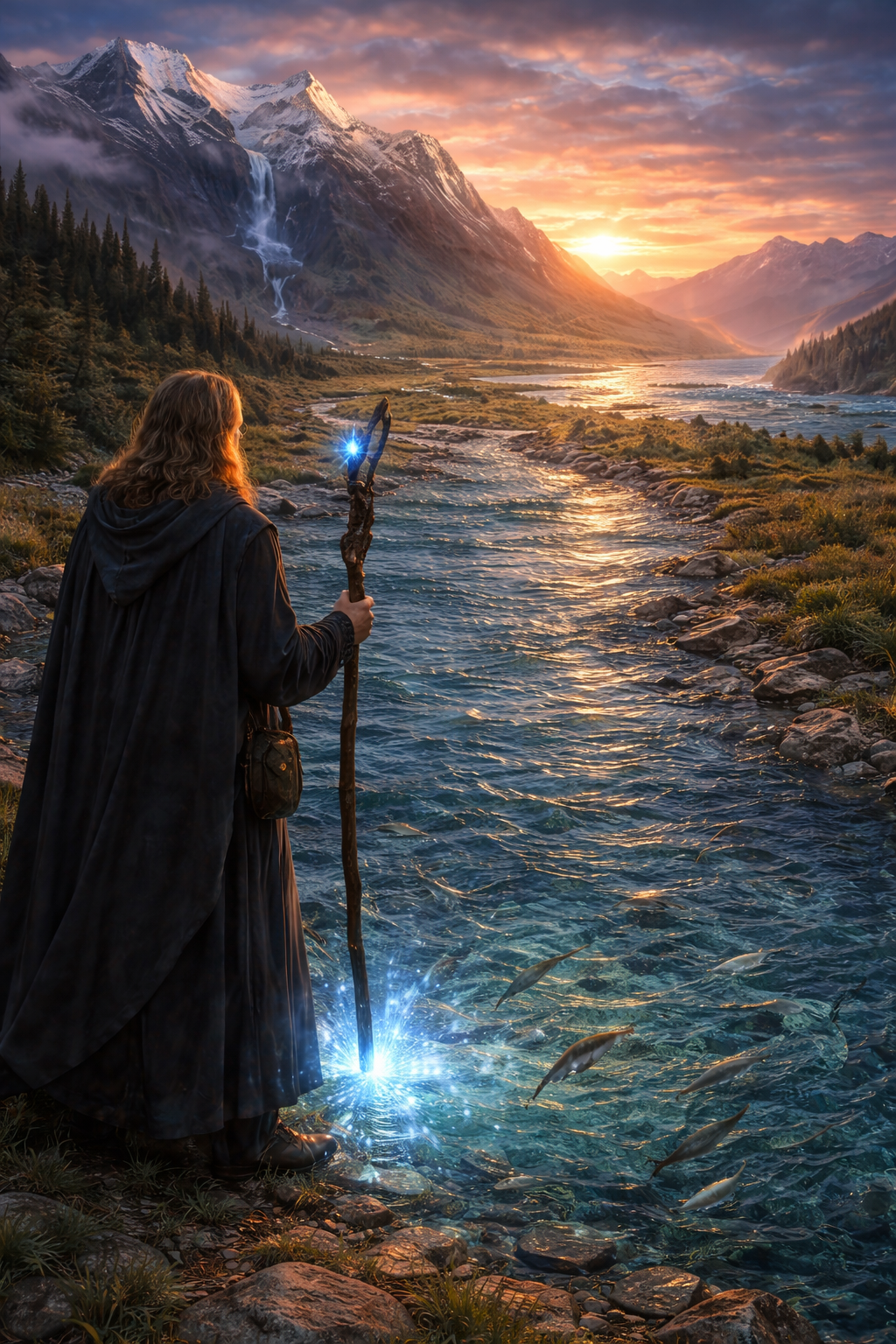 Een tovenaar of magiër met een staf die een magische kracht uitoefent op een rivier in een bergachtig landschap bij zonsondergang, met een grote bergmassief, watervallen, dennenbomen en vissen in het water.