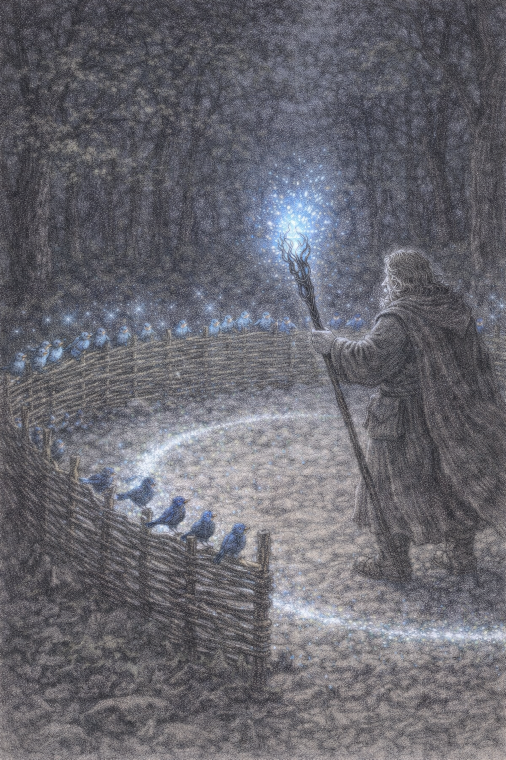 Een tovenaar met een staf die magisch licht uitstraalt, staat voor een cirkel van vogels die op een hek zitten, in een donkere, berijpte omgeving.