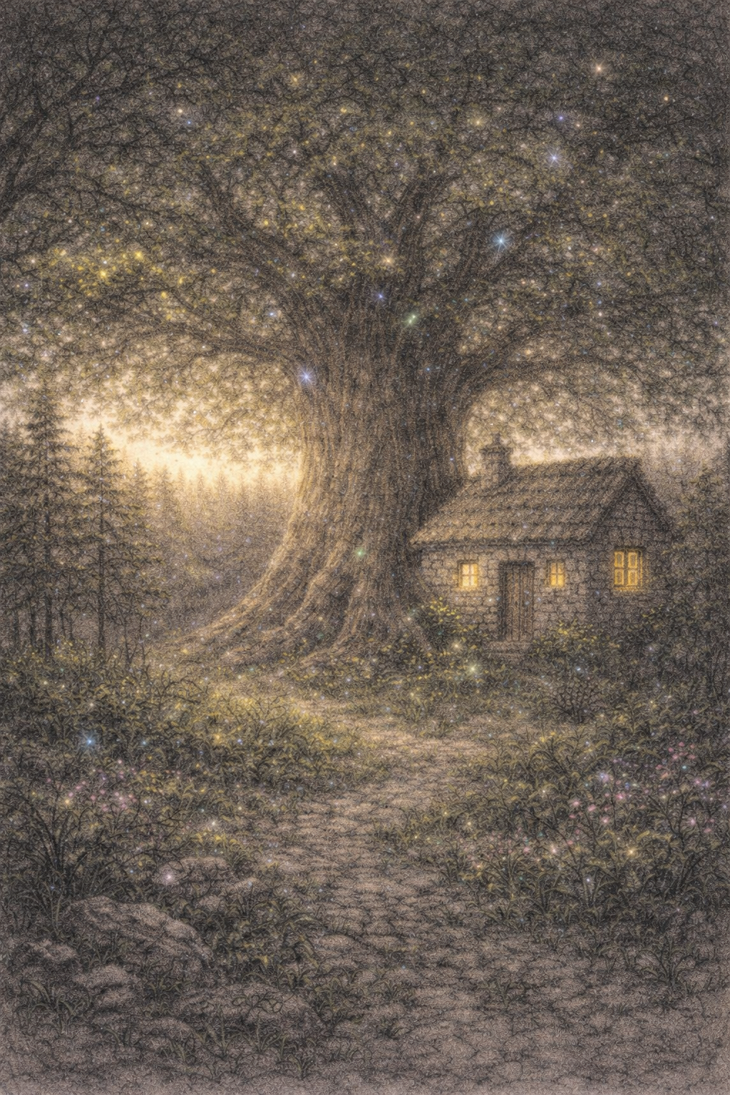 Een grote boom met een huis eronder, omringd door een bos bij zonsondergang, met sterren die in de lucht fonkelen.