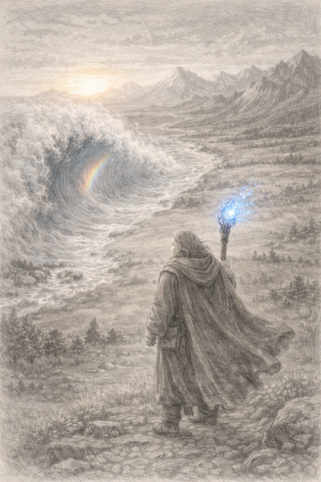 Een tovenaar met een staf die gloeit, staat op een heuvel en kijkt uit over een berglandschap met een grote oceaan en een enorme brekende golf. De zon is ondergegaan achter bergen, met een regenboog in de golf en een magische blauwe gloed rond de staf.