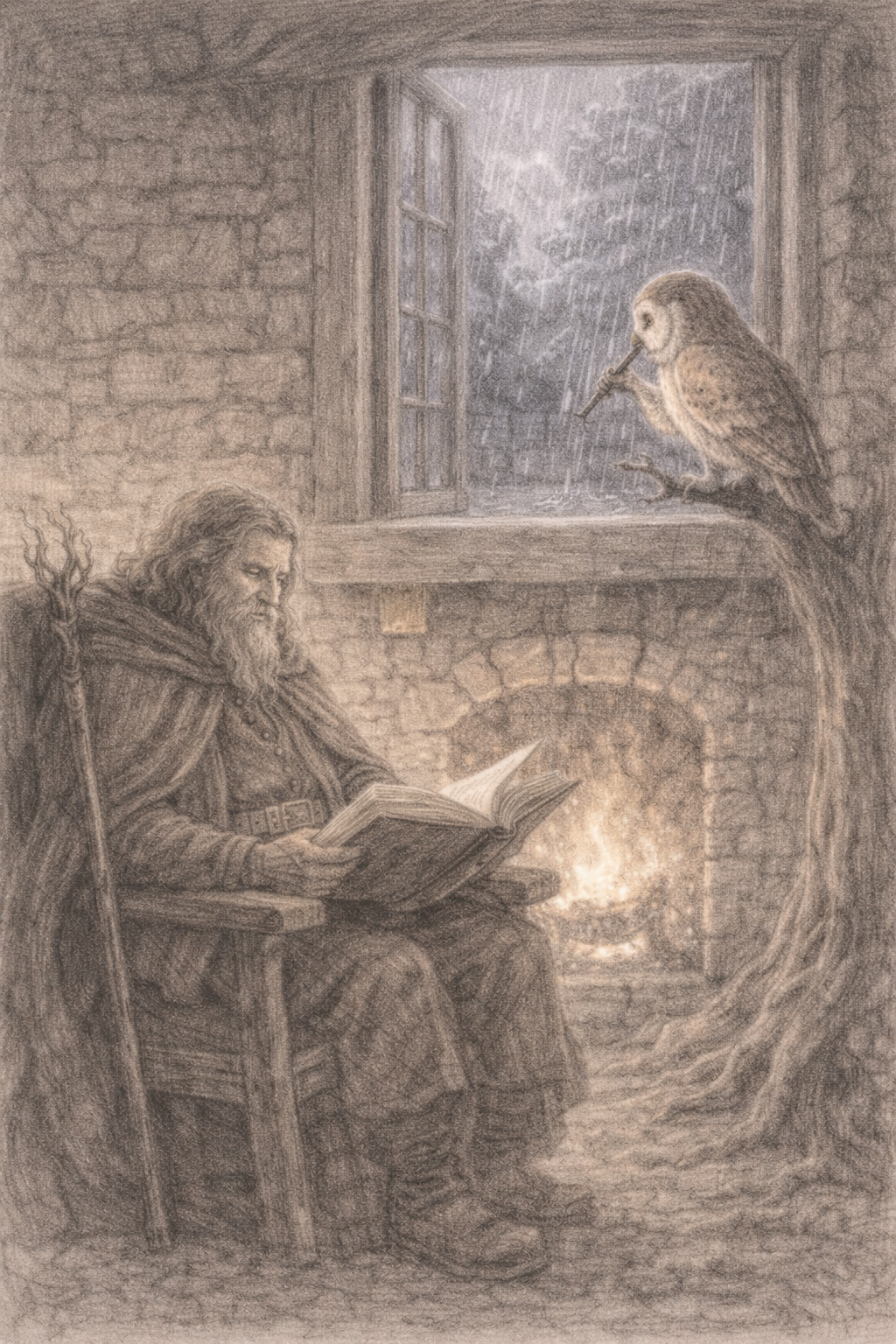 Een oude man met een lang haar en baard zit bij een open haard, leest een boek. Buiten regent het en er is een uil met een pen op een tak bij het raam.