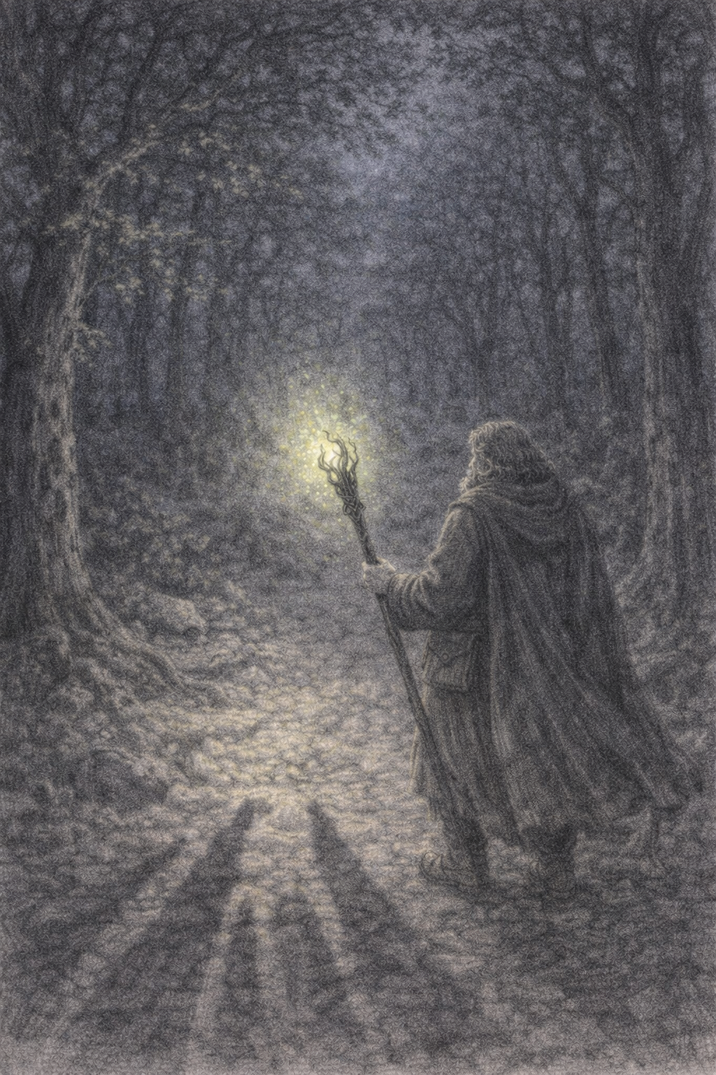 Een persoon met een mantel en staf wandelt door een bos bij schemering, holding een fonkelende lichtbron.