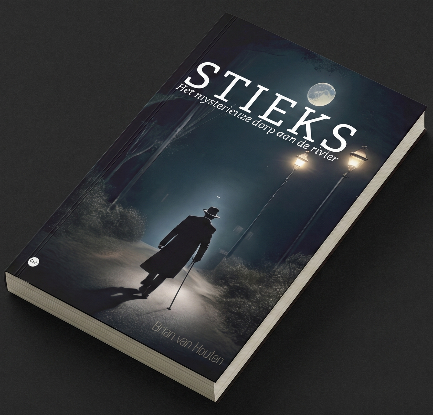 Boek met titel 'Stiek' en subtekst 'Het mysterieuze dorp aan de rivier' op een zwarte achtergrond, met een wonderlijke afbeelding van een man met hoed en wandelstok onder straatlantaarns onder een volle maan.