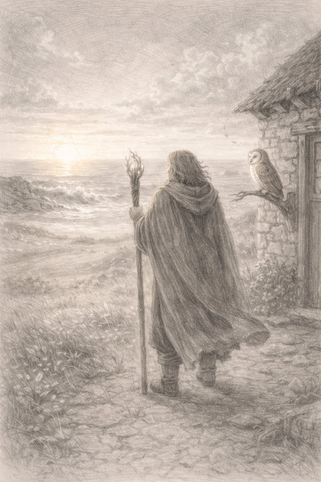 Een persoon in een cape met een staf staat aan de rand van een klif, uitkijkend over de oceaan tijdens zonsondergang, met een uil op een schoorsteenmuur.