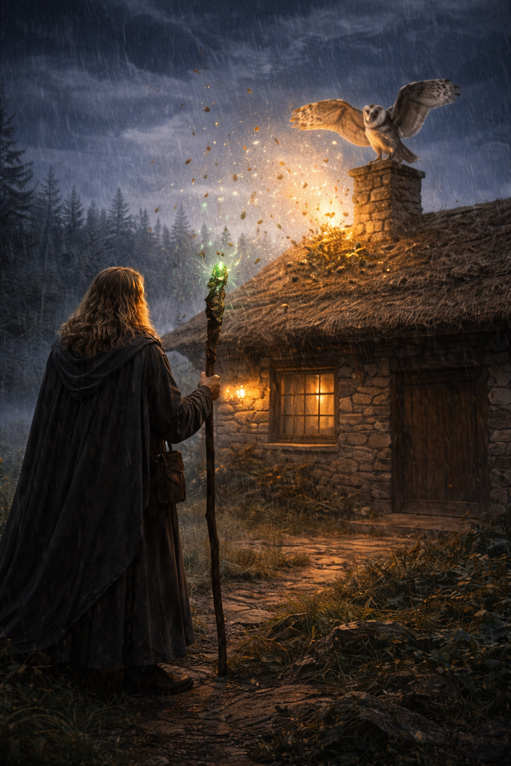 Een tovenaar met een staf staat voor een stenen huisje in een bos, terwijl hij een spreuk uitspreekt. Een uil vliegt boven het huisje, met vuurwerk en vonken in de lucht, 's avonds tijdens een onweerachtige regenachtige nacht.