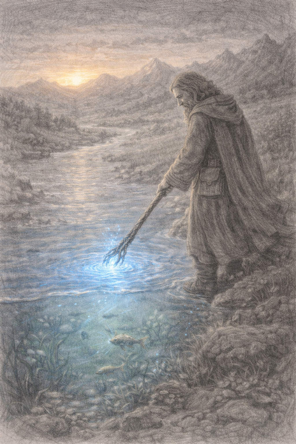 Tekening van een man die in een rivier staat en water uit de rivier met zijn staf haalt, met vissen onder water en bergen op de achtergrond tijdens zonsopgang of zonsondergang.