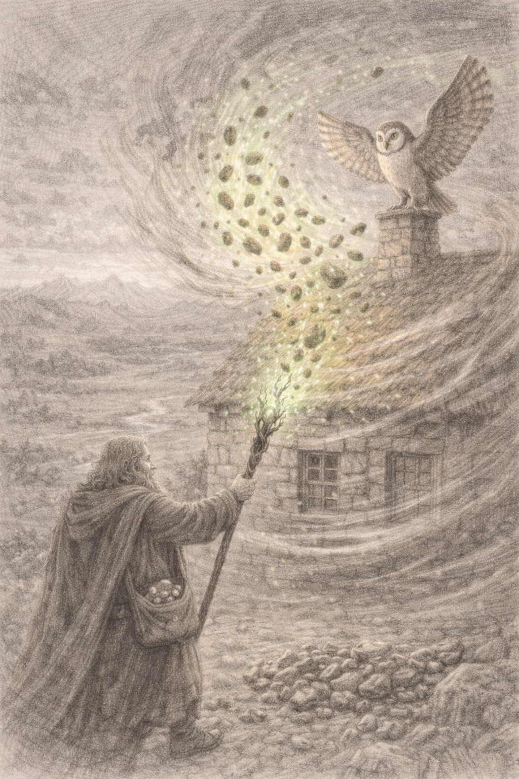 Een magiër met een staf werpt een betovering op een uil die op een schoorsteen zit, terwijl stenen en lichtdeeltjes door de lucht vliegen.