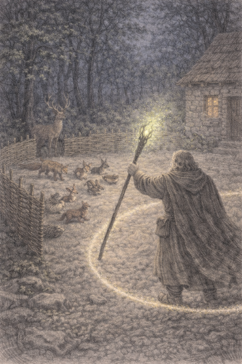 Een oude man met een toverstaf omringd door dieren, waaronder een hert, koppelen, en andere bosdieren, voor een huis in een bos bij nacht, met een lichtgevende spoor van sterrenstof om hem heen.