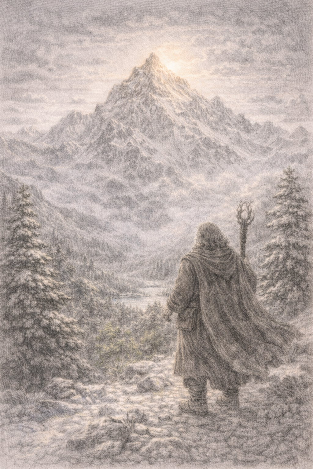 Een persoon met een stok loopt op een bergpad door een besneeuwd bos, met een hoge besneeuwde berg en een zon die opkomt of ondergaat op de achtergrond.