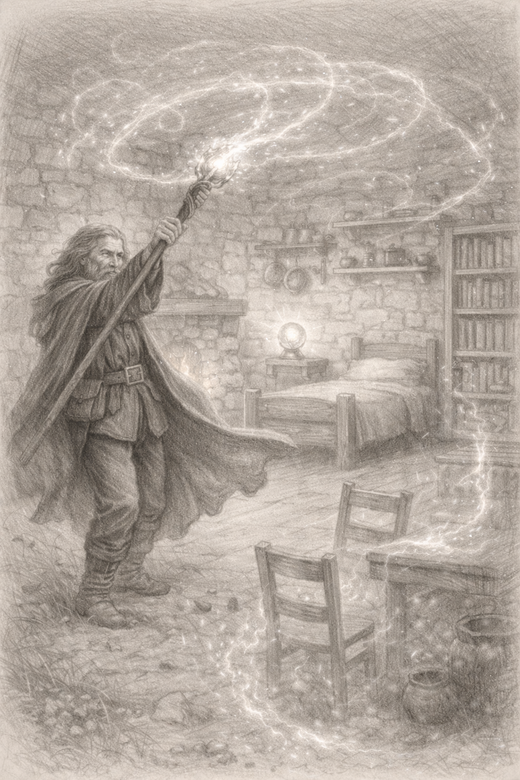 Een tovenaar met lange grijze haren en baard, gekleed in een middeleeuws gewaad, houdt een staf omhoog waaraan magisch licht en elektrische stroom uitstralen in een stenen kamer met boekenplanken, een bed, en een kast.