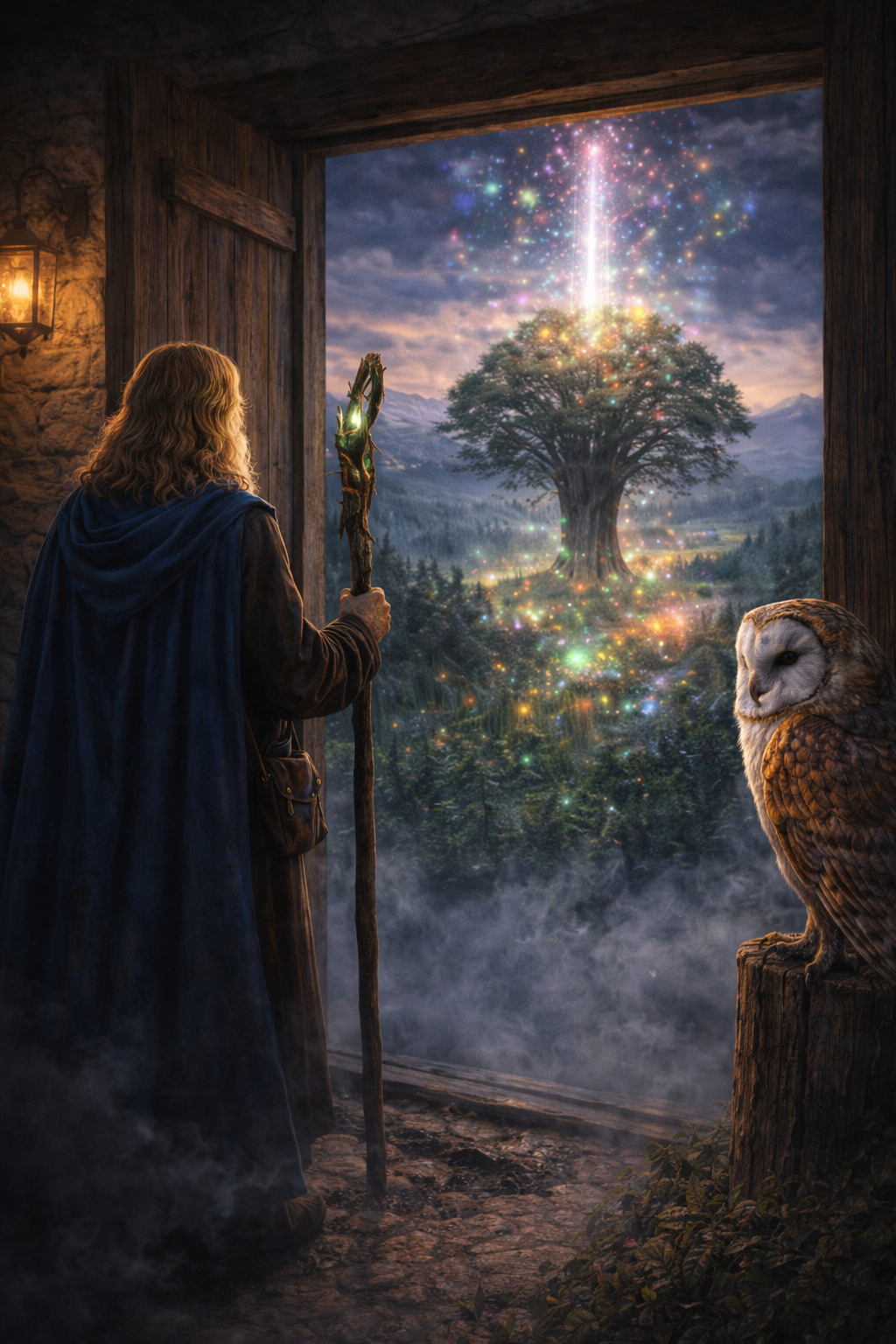 Een oude tovenaar met lange grijze haar draagt een blauwe mantel en houdt een houten staf, terwijl hij uit een houten deur naar een magisch, verlicht bos kijkt met een grote boom, fonkelende lichtdeeltjes en een uil op een boomstam.