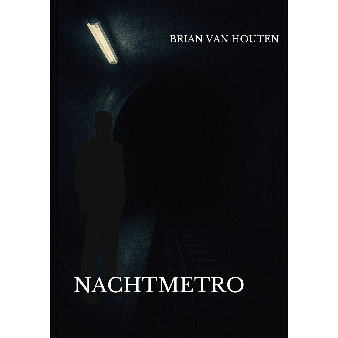 Boekomslag van 'Nachtmetro' door Brian Van Houten, met een silhouet van een man in een tunnel met een treinspoor en een lamp. Moderne minimalistische stijl.