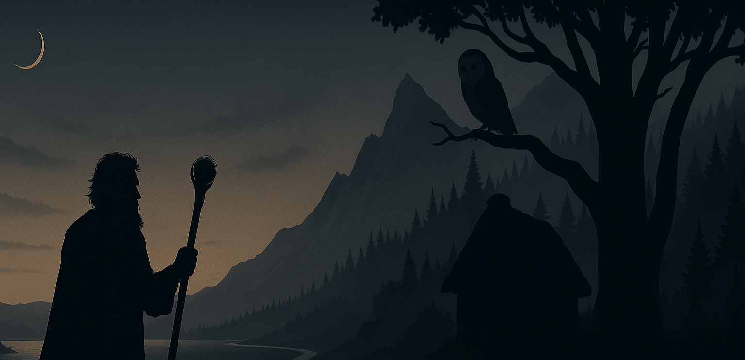 Panorama van het Heautenrijk. De tovenaar, de uil en het grote land wat hij geschapen heeft.