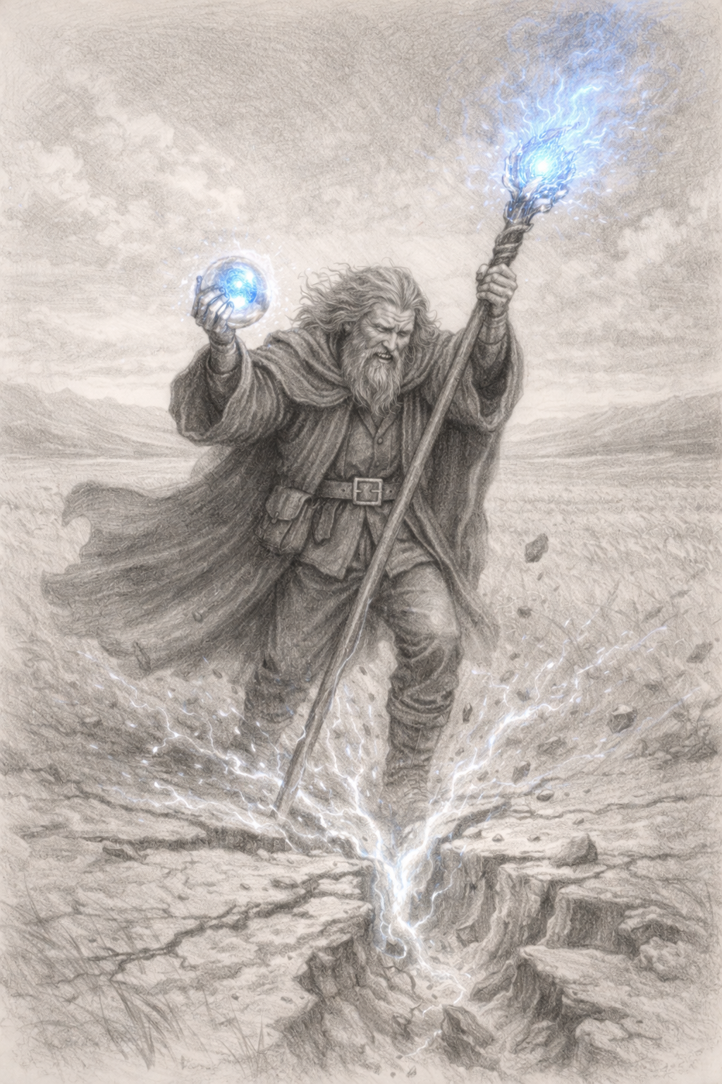 Tekening van een oudere man met een lange baard, gekleed in een mantel, die een staf en een orb met blauwe energie vasthoudt terwijl hij lijkt te toveren, met bliksem en energie die uit de grond opvlammen.