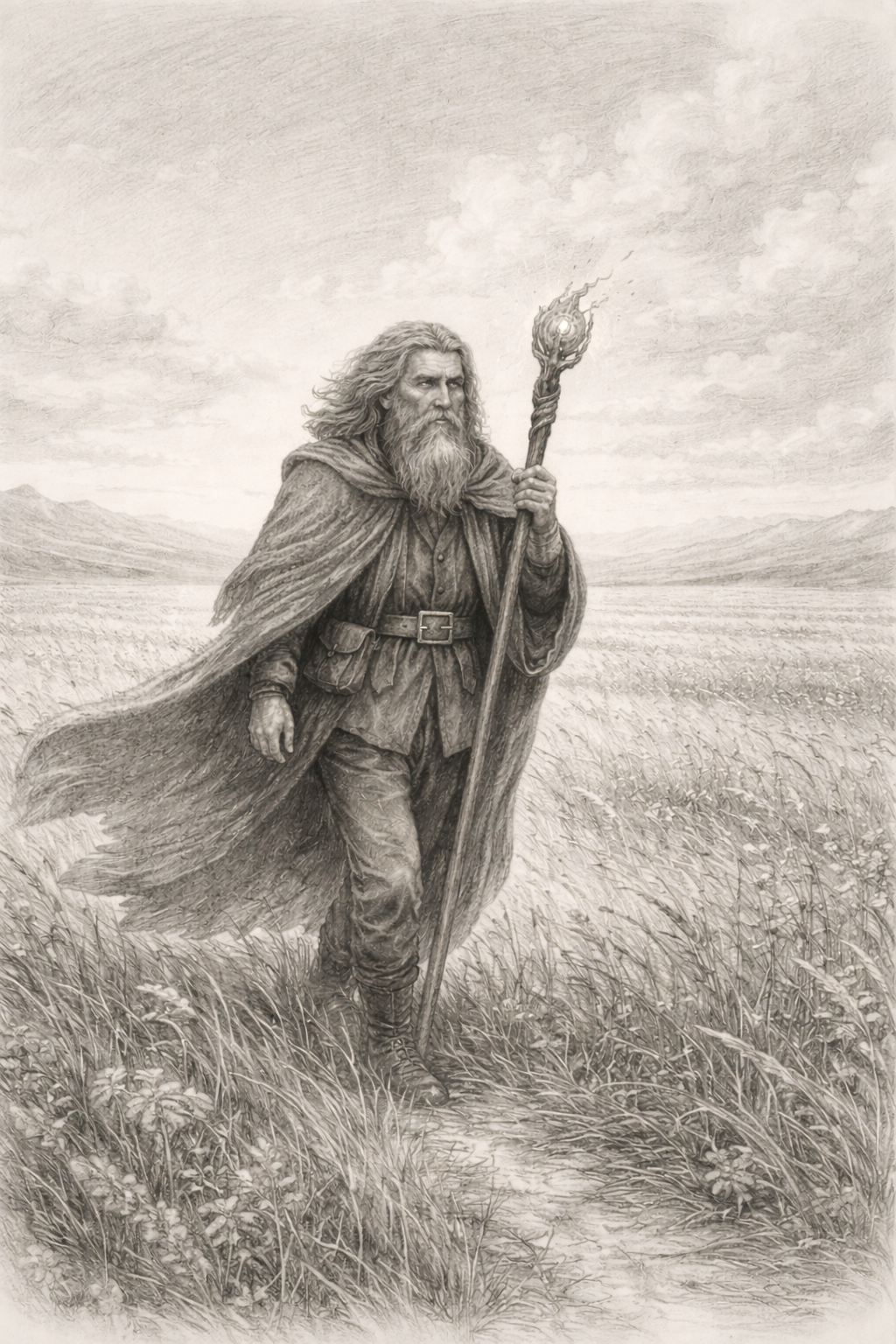 Oude man met lange grijze baard en haar, gekleed in middeleeuwse kleren en een cape, wandelend door een vlak landschap met heuvels op de achtergrond, terwijl hij een toverstok vasthoudt met een gloeiend kristal aan de top.