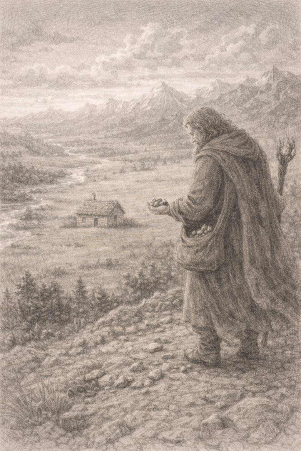 Een man in een kapmantel staat op een heuvel en houdt een handvol stenen; op de achtergrond zijn bergen, een huis en een rivier te zien.