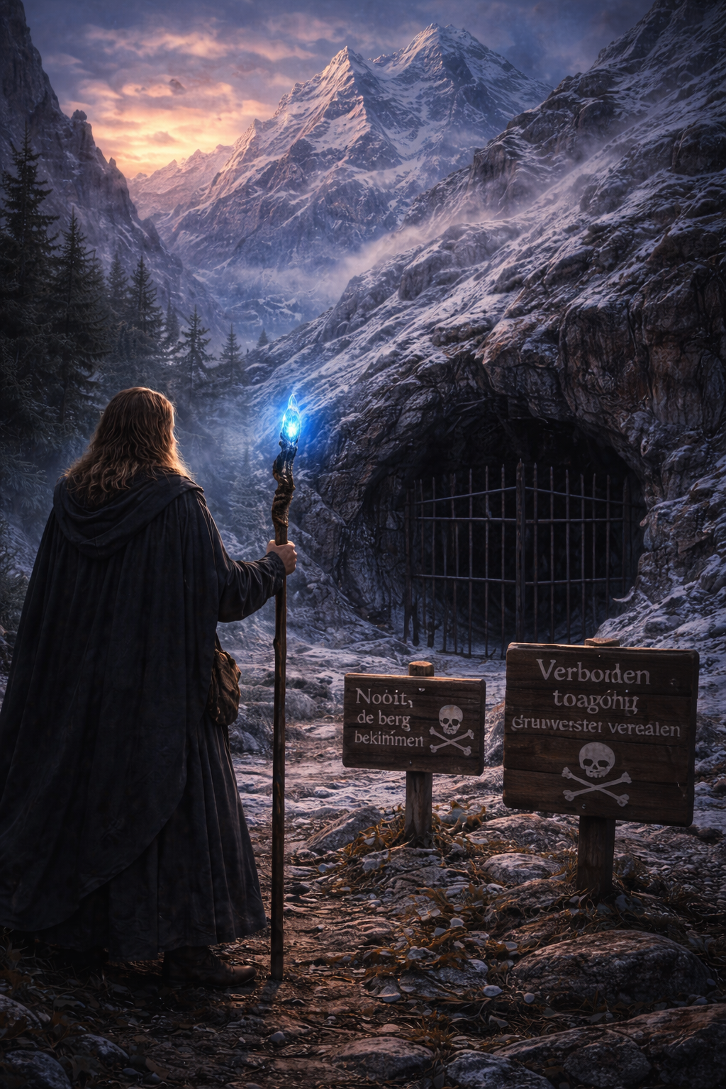 Een persoon in een donkere mantel houdt een toverstok met een blauwe gloed voor een berglandschap met besneeuwde bergen en een grot met een hek eromheen. Signalen met waarschuwingen en verboden voor toegang naar de grot.