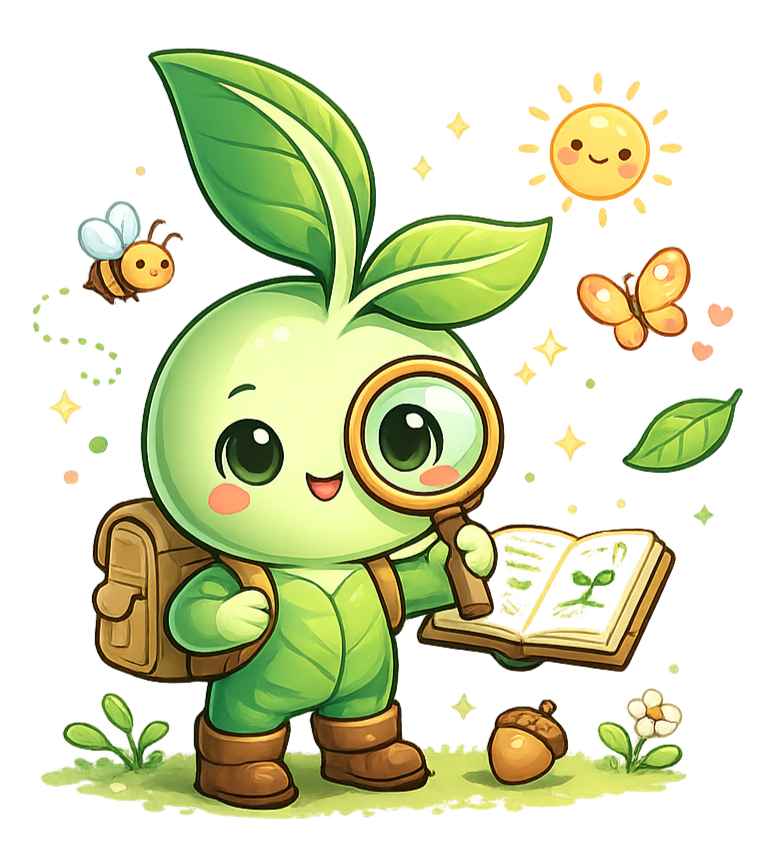 Cute cartoon sprout character with big eyes, winking, holding a magnifying glass and an open book, with a backpack. Surrounding it are a bee, a butterfly, a smiling sun, leaves, and small plants on the ground.