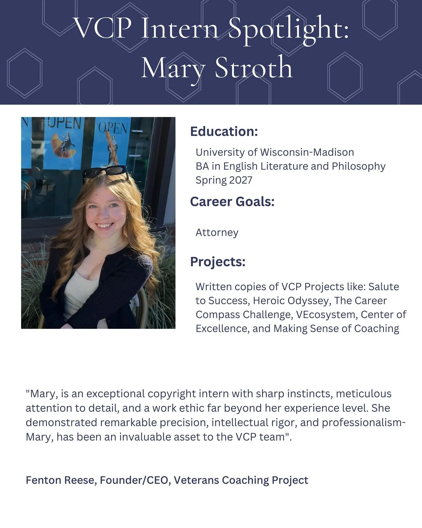 &ldquo;I began working with VCP because the work I do enables and inspires me to write with passion and purpose. The mission of VCP involves lifting people up, empowering them, and granting them accessibility to a system in dire need of improvement. 