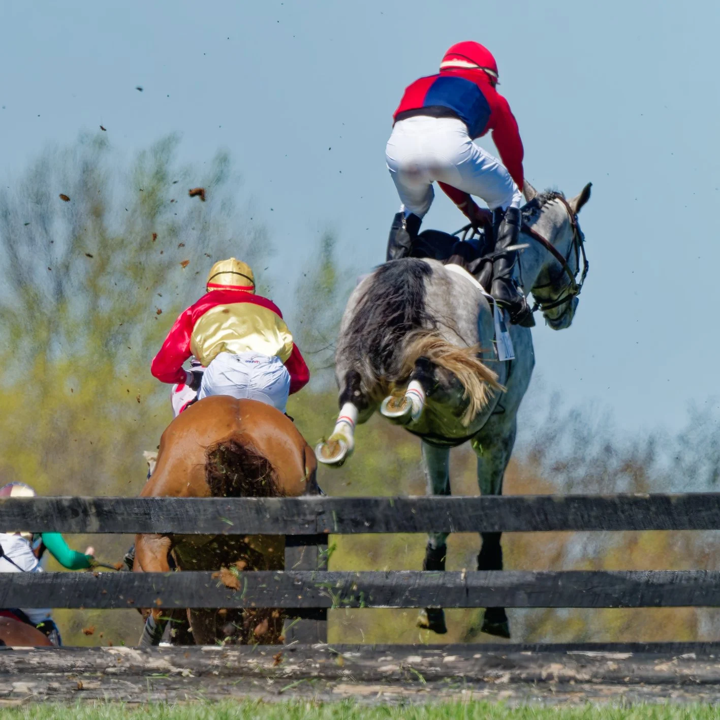 Jockeys and horses jumping over a fence during a steeplechase horse race, with dust and leaves flying in the air and a blue sky background.