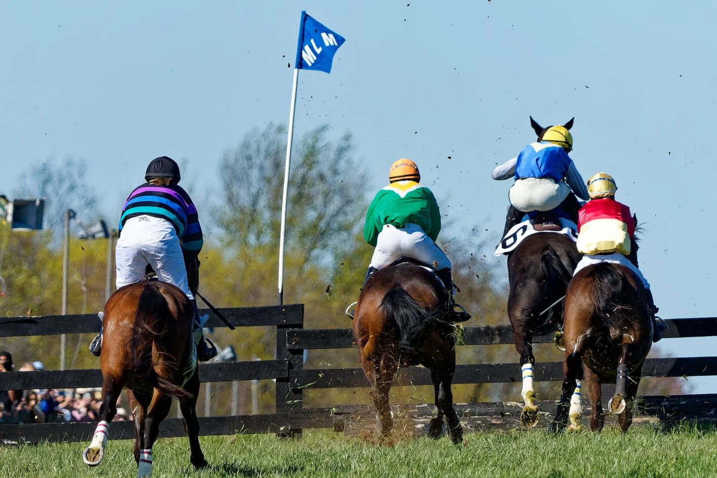 Jockeys riding horses over a jump during a steeplechase race with spectators in the background and an American flag-style flag on a pole.