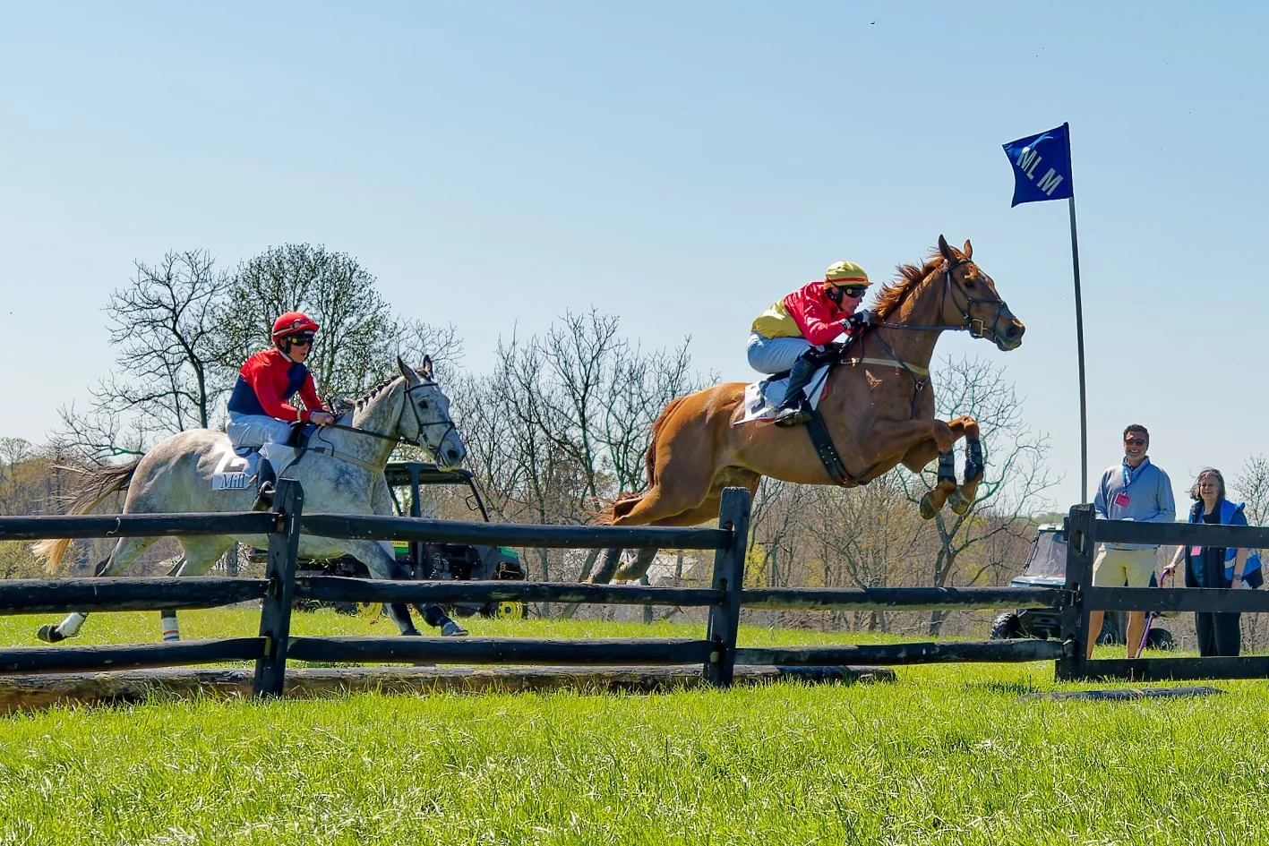 Jockeys racing horses over a hurdle during a steeplechase race, with spectators watching nearby on a bright sunny day.