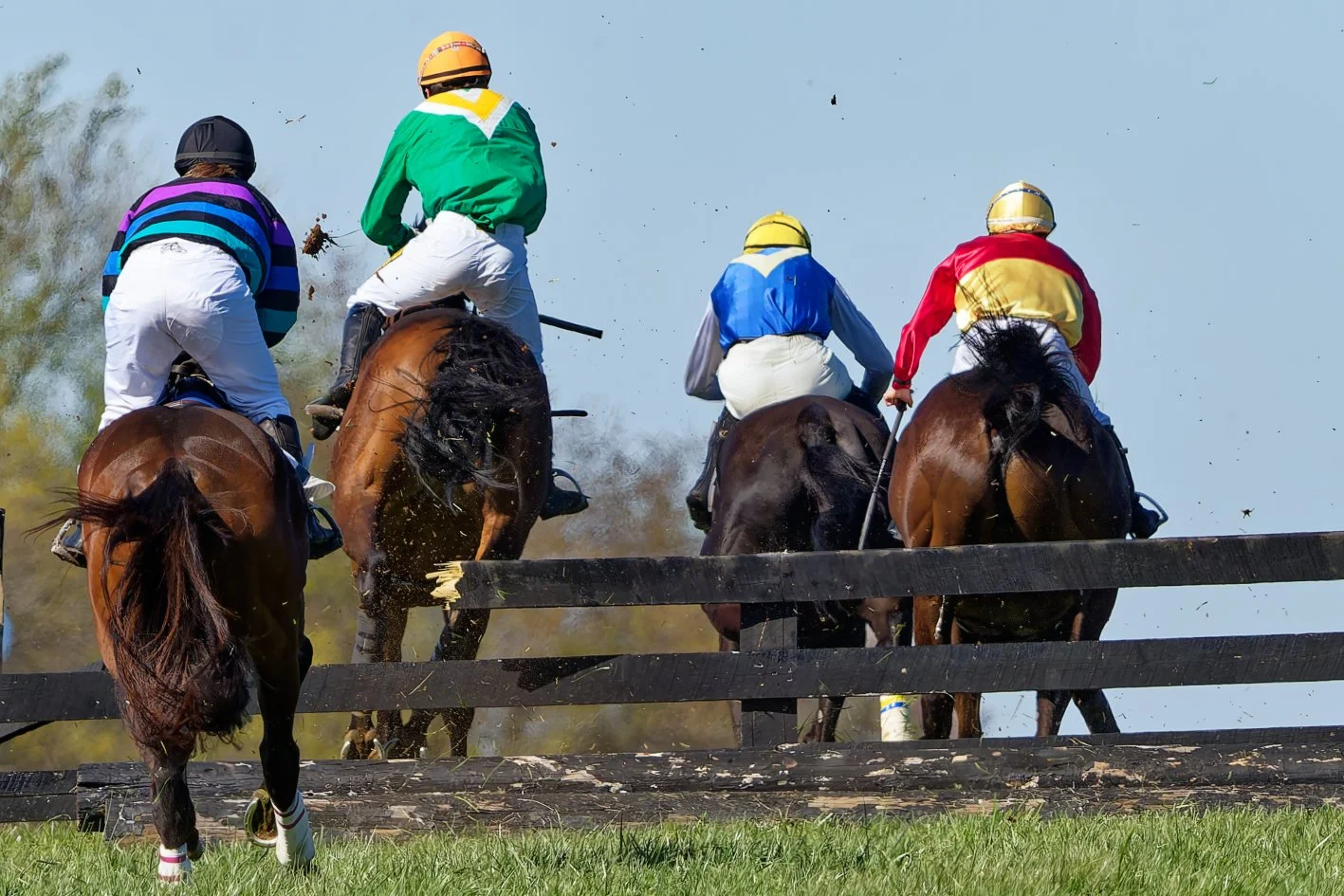 Four jockeys riding racehorses jump over a wooden fence during a horse race.