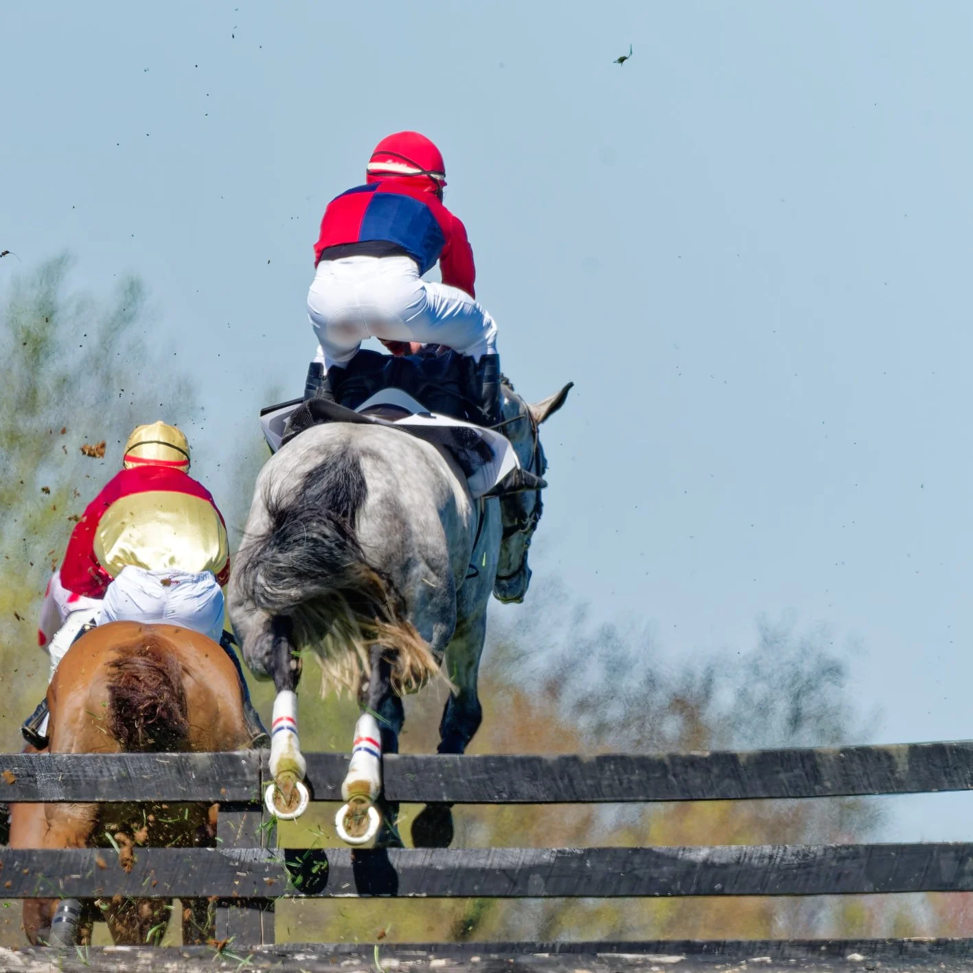 Two jockeys riding horses over a hurdle during a horse race on a sunny day.