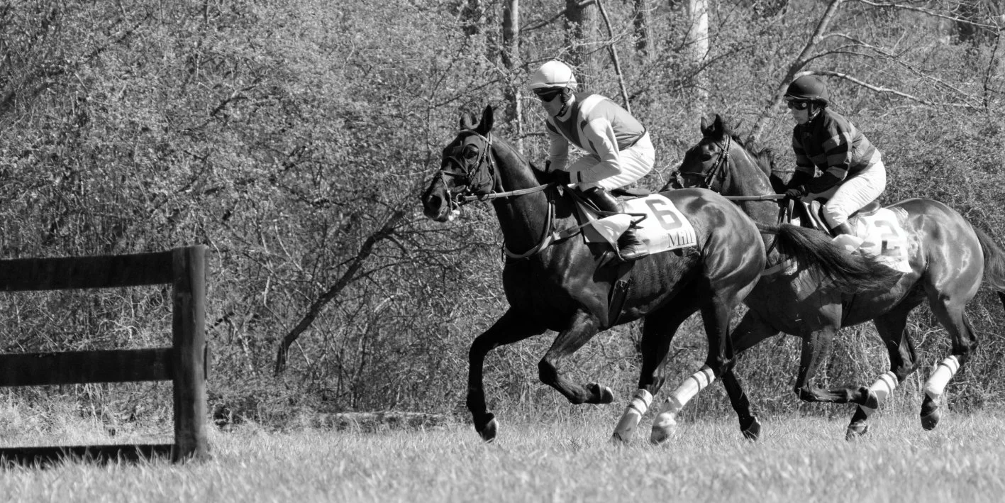 Two jockeys riding horses compete in a race on a grass track, with trees and a wooden fence in the background.