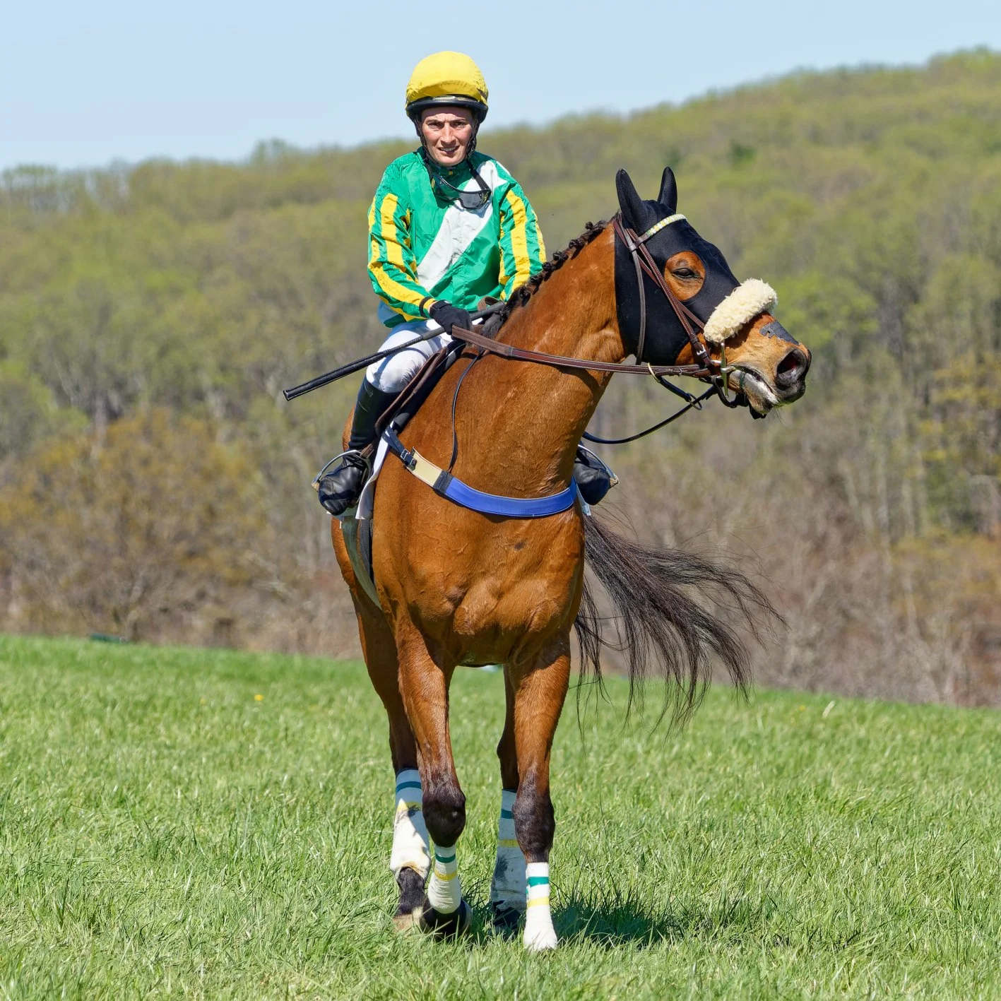 A jockey riding a brown horse with a yellow helmet and a green and yellow riding outfit, on a grassy field with trees in the background.