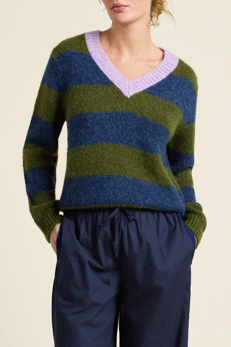 Trovata Chalet V-Neck Sweater Olive Stripe