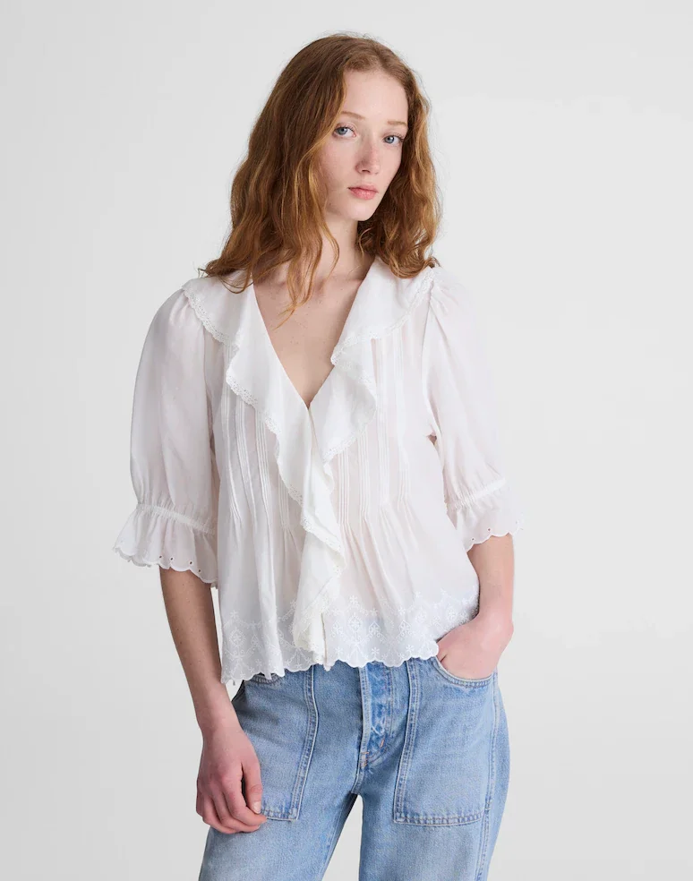 Madewell White eyelet ruffle Blaire Top
