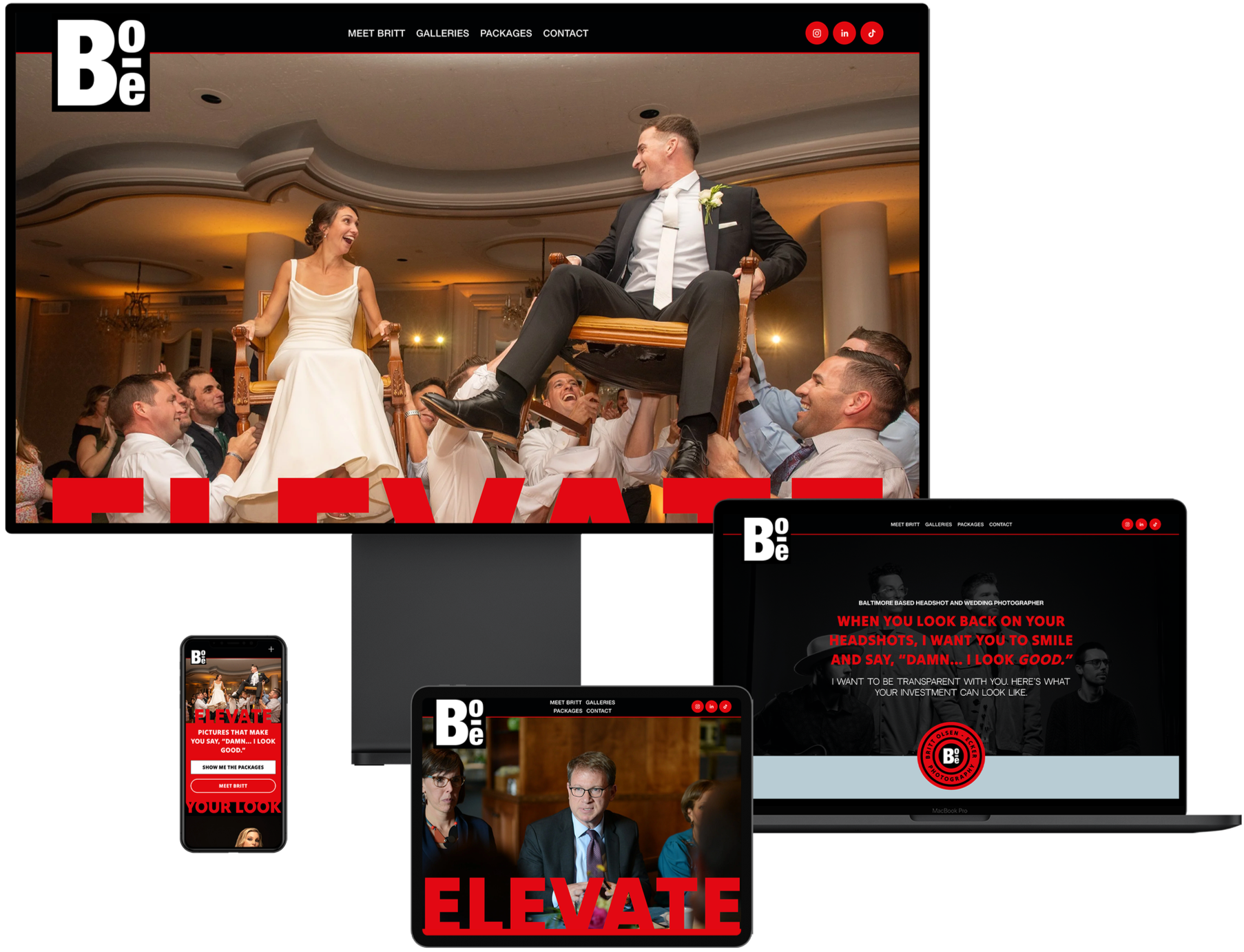 A mockup of an ipad, iphone, macbook, and imac all displaying images of Britt Olsen Ecker Photography website screenshots of the home page and services page on each device.