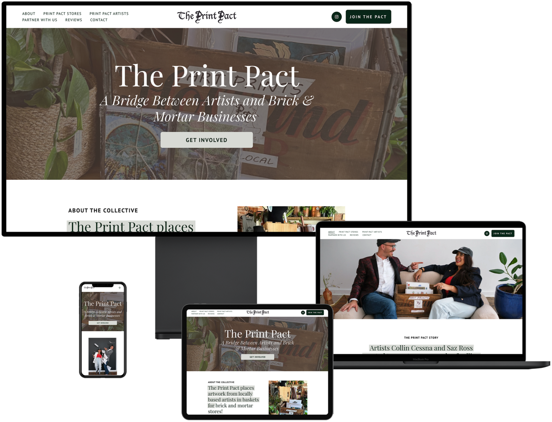 A mockup of an imac, macbook, ipad, and iphone with screenshots of various website pages from The Print Pact
