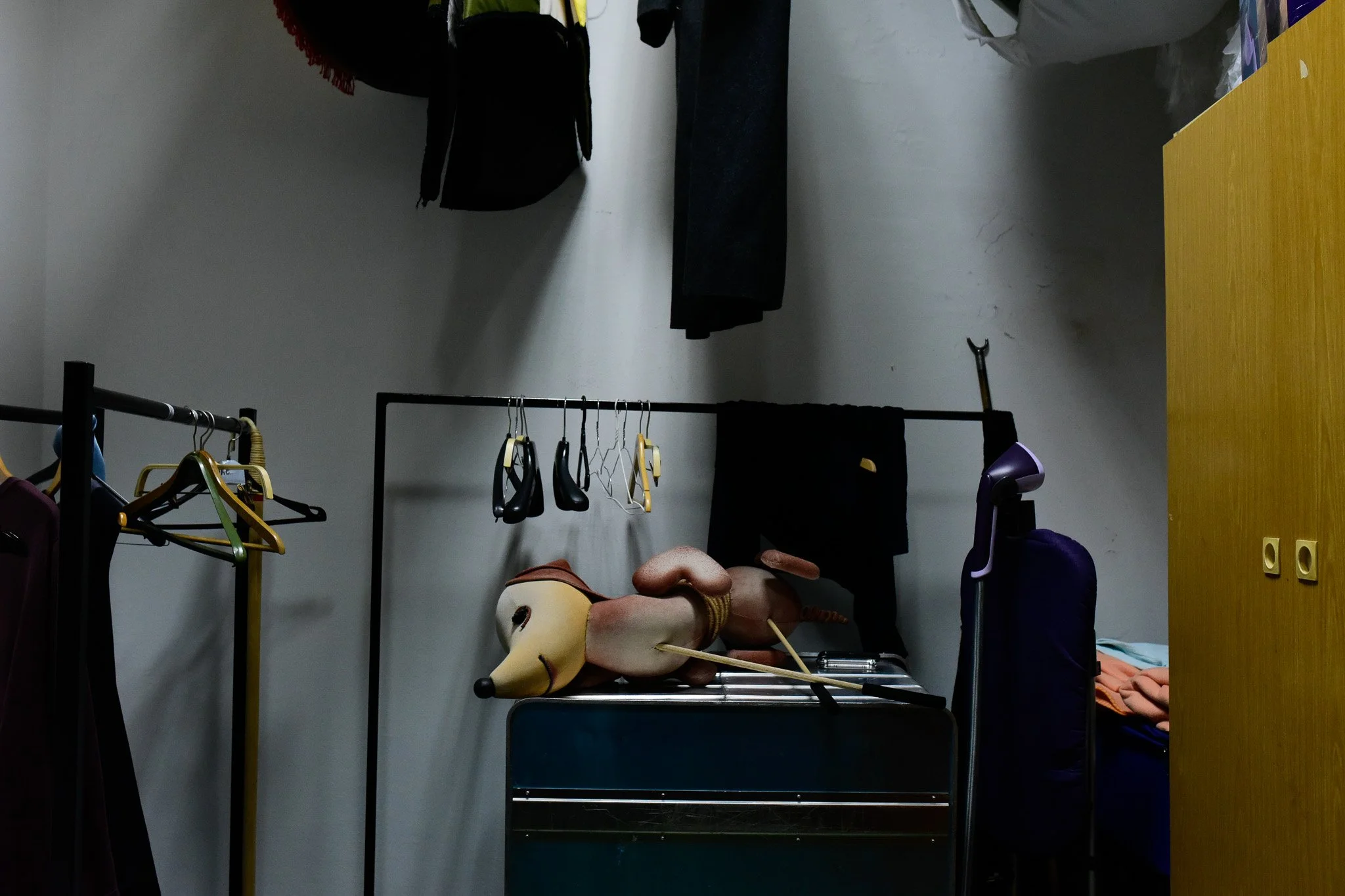 Stored costume and puppet prop inside the Youth Theatre (Pozorište mladih Sarajevo).
Theatres functioned not only as performance spaces but also as shelters for objects, stories and gestures that survived the siege.