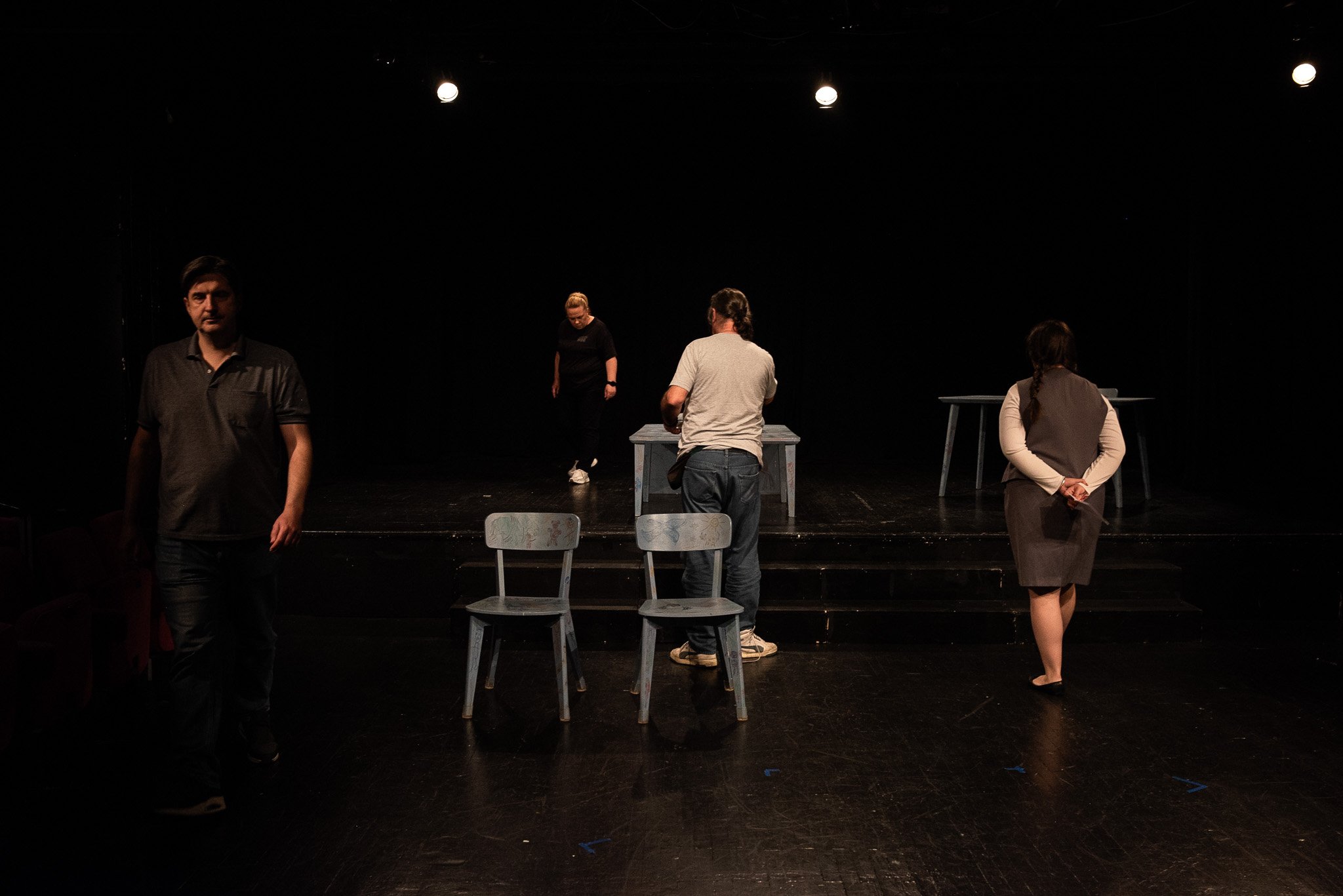 Actors rehearsing on stage at the Kamerni Teatar 55, Sarajevo.
Rehearsal remains a central practice in a theatre that continued to operate throughout the siege of Sarajevo.