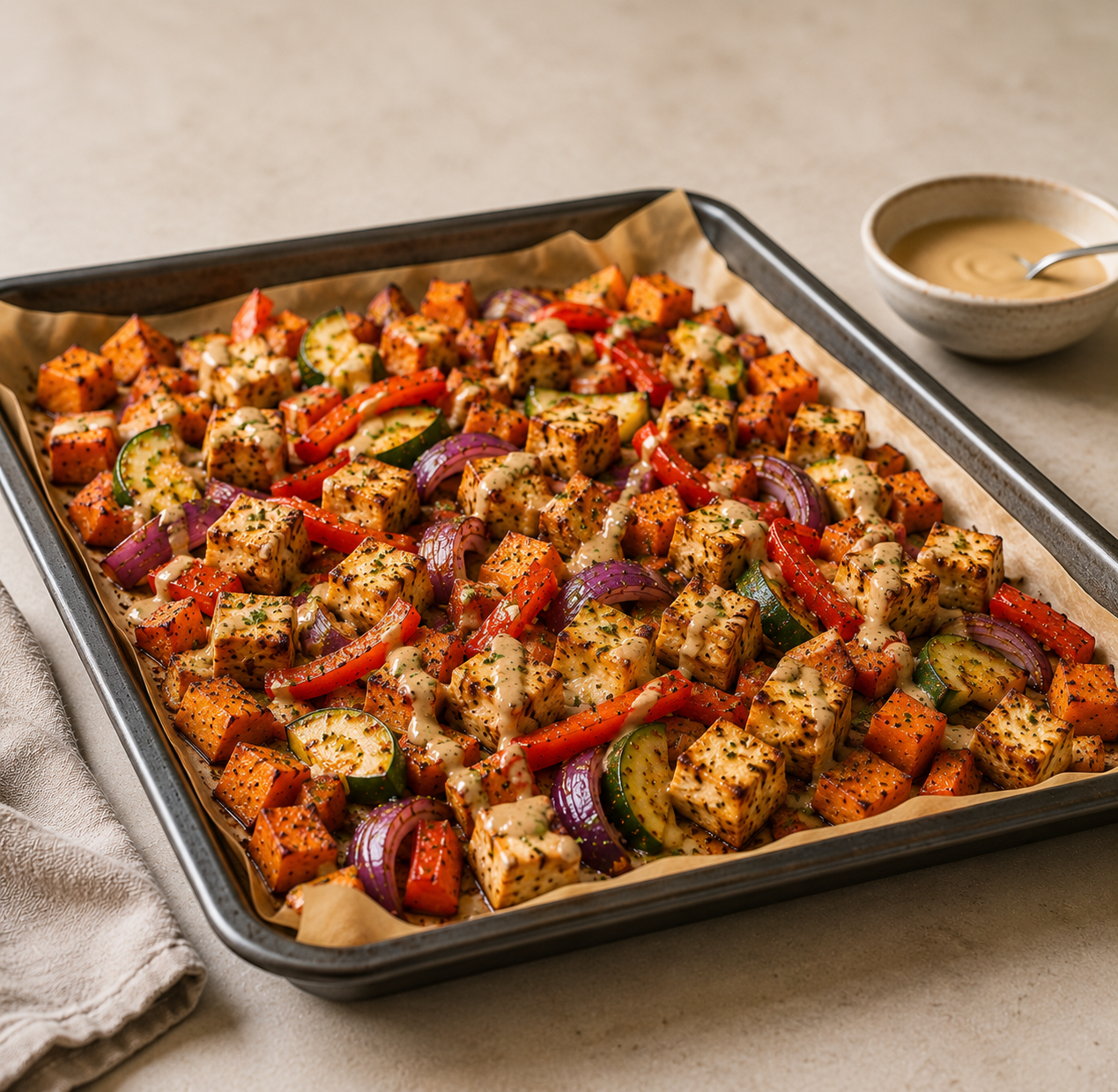 Traybake Tofu, Zoete aardappel en Groenten