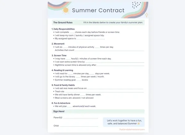 Preview of the Summer Contract printable