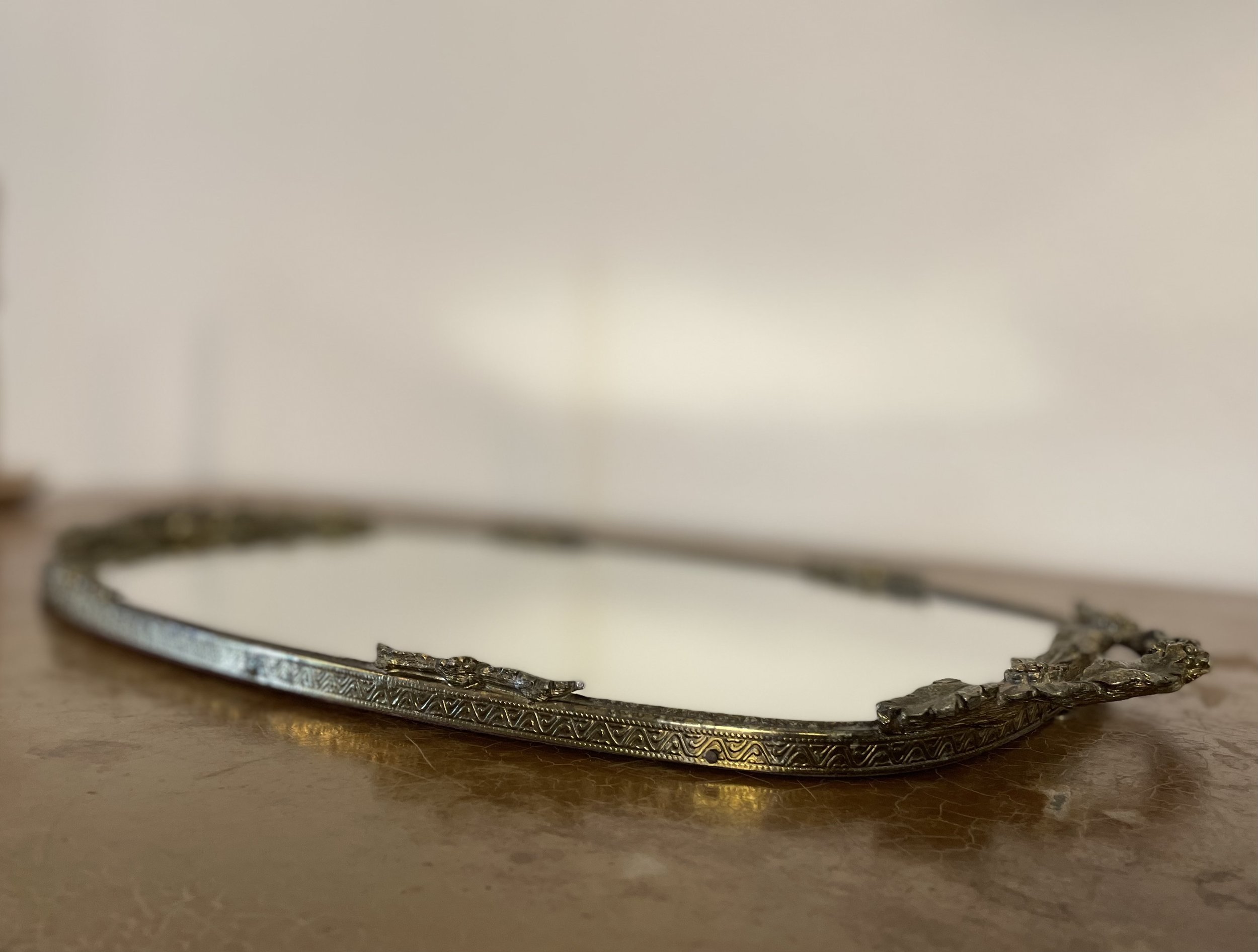 Antique Brass Floral Mirror Tray