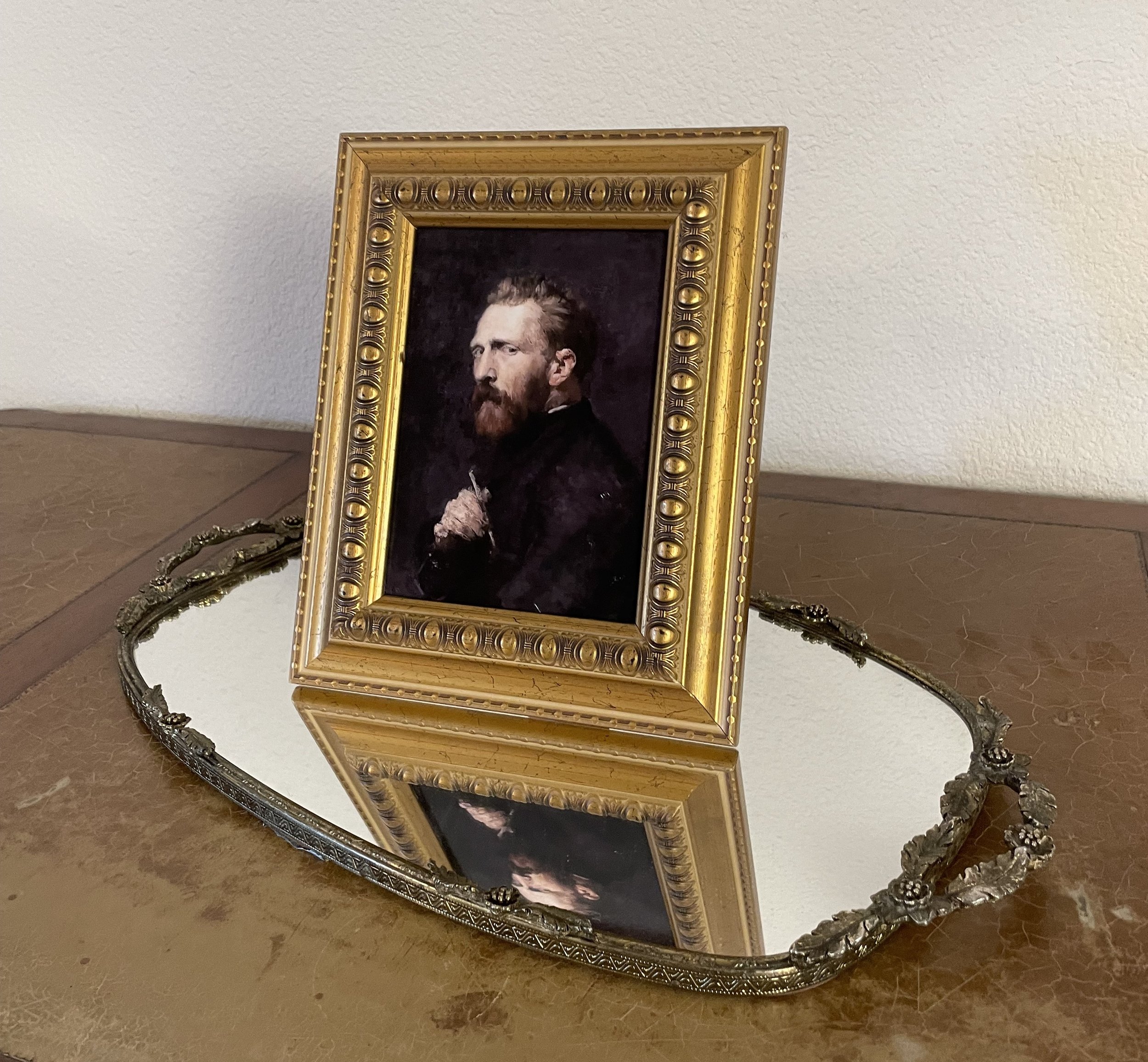 Antique Brass Floral Mirror Tray